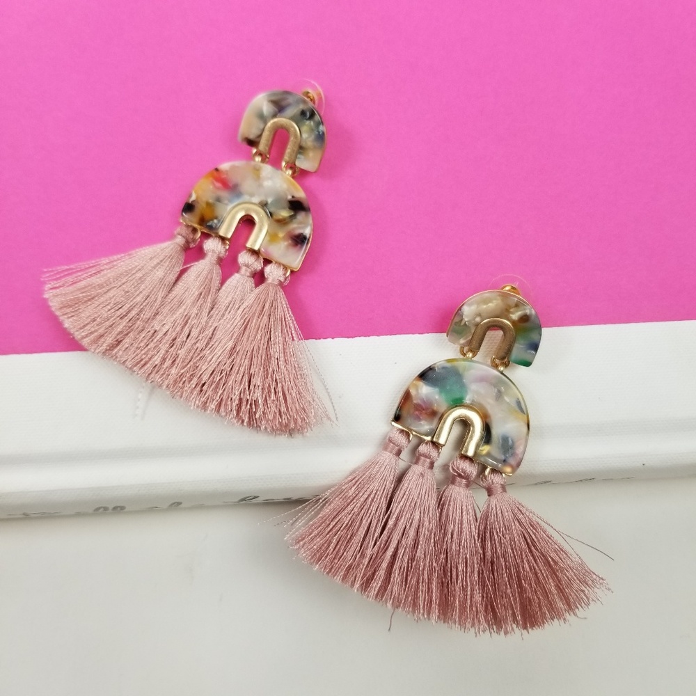 marble acetate earrings Pink Half Circle tassel - Picture 6 of 8